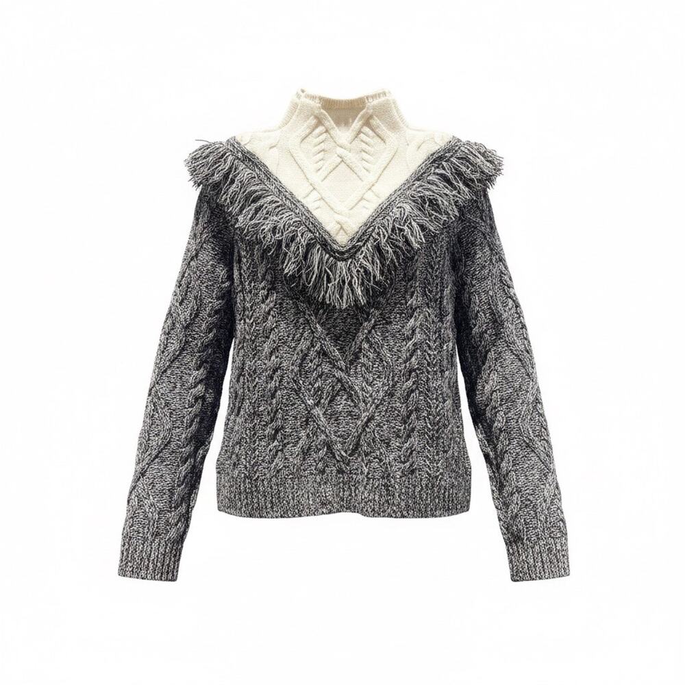 Intermix Deja Mock Neck Knit Fringe Sweater Black and Cream Small